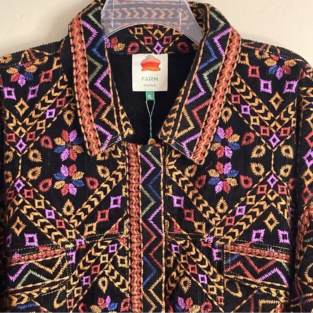 NEW RARE FARM Rio Embroidered Long Sleeve Jumpsuit Corduroy Floral Black $495 XL - Picture 9 of 16